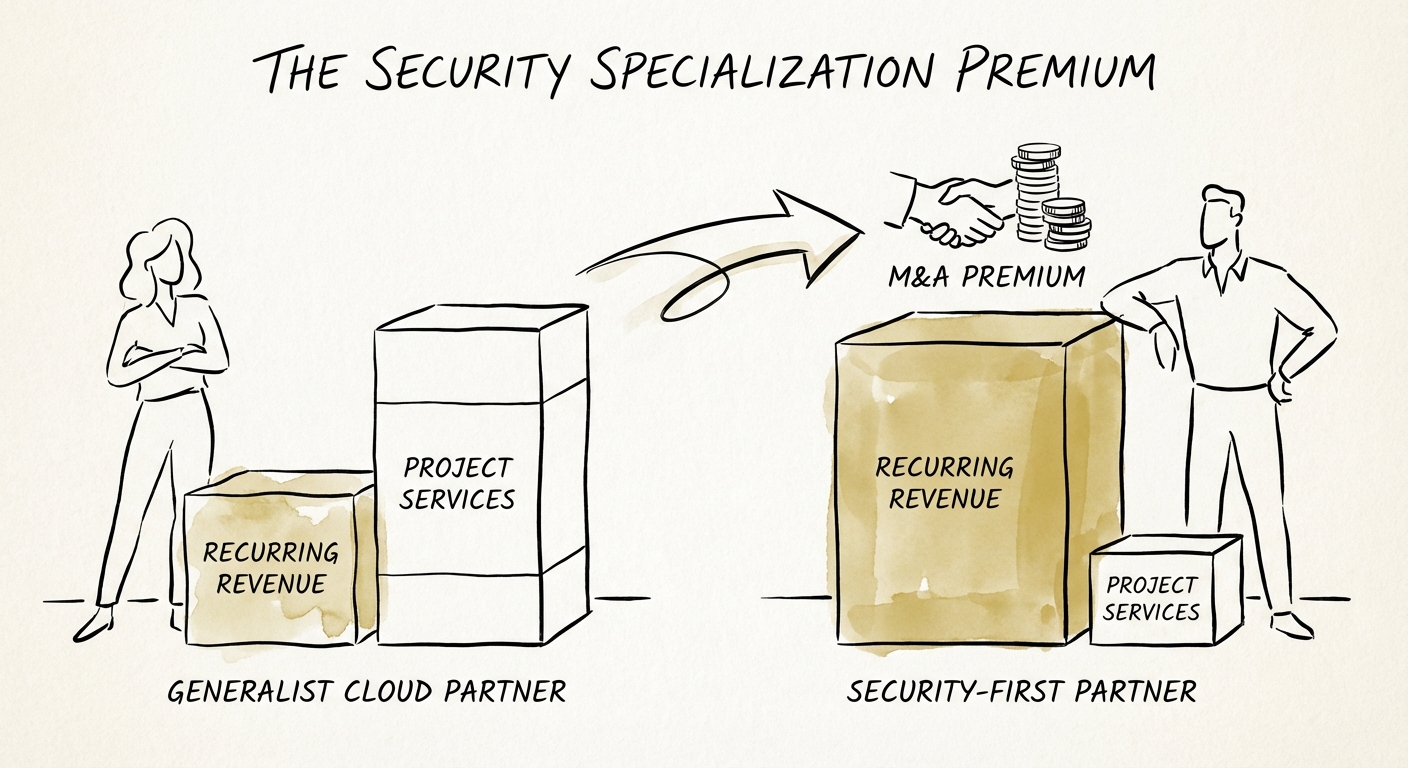 Comparison of revenue mix between Generalist Cloud Partners and Security-First Partners showing higher recurring revenue.