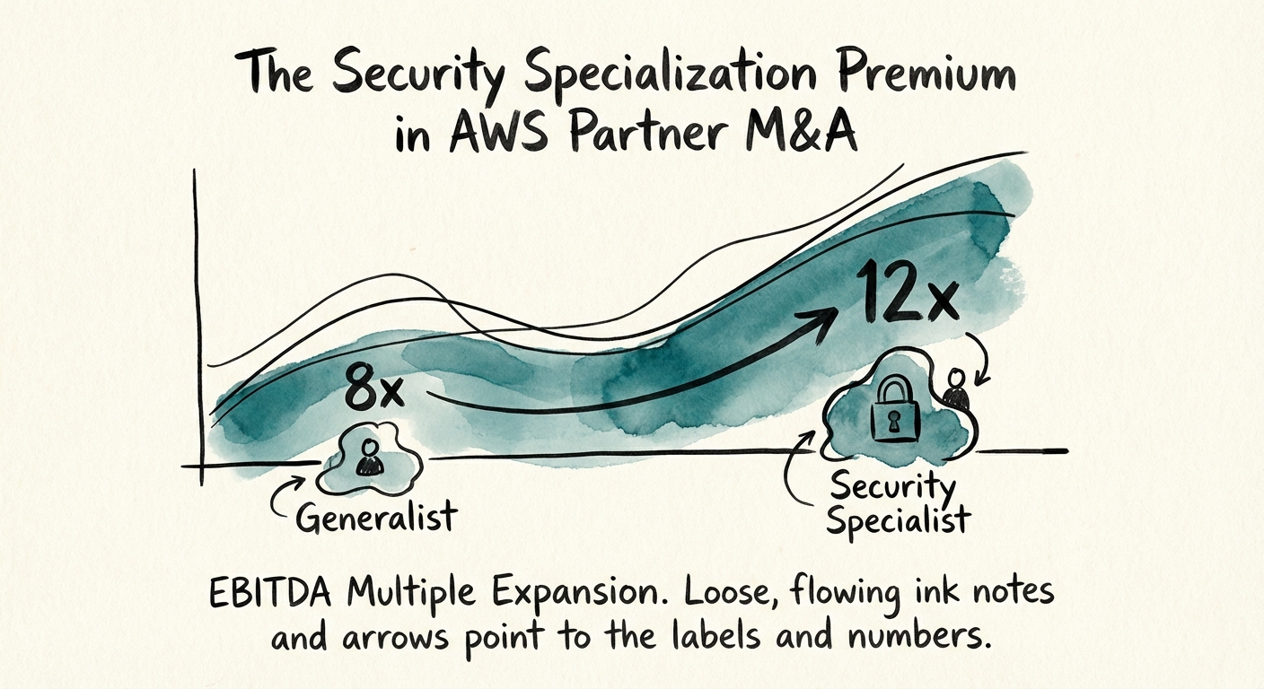 Chart showing EBITDA multiple expansion from 8x to 12x as an AWS partner moves from Generalist to Security Specialist.