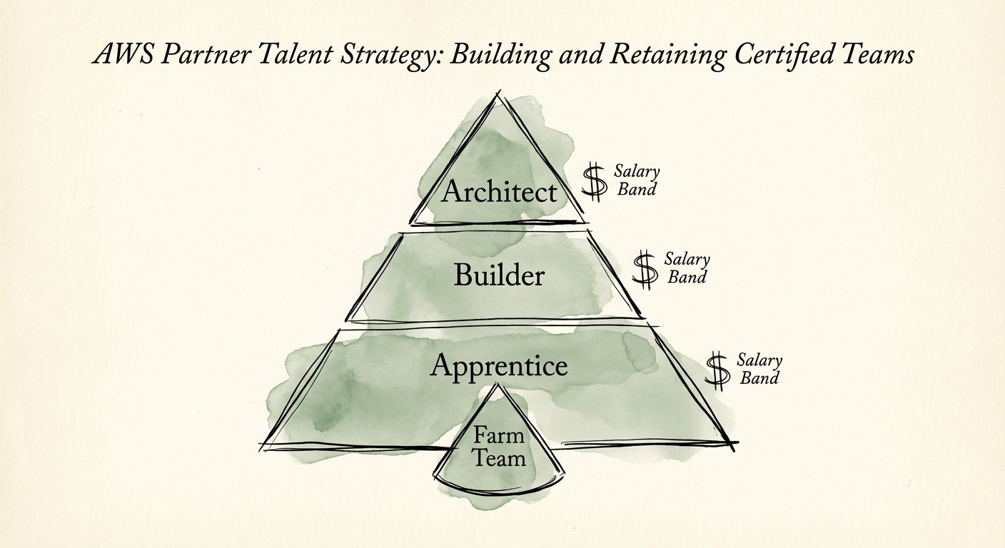 Pyramid diagram illustrating the 'Farm Team' staffing model with salary bands for Apprentice, Builder, and Architect roles.