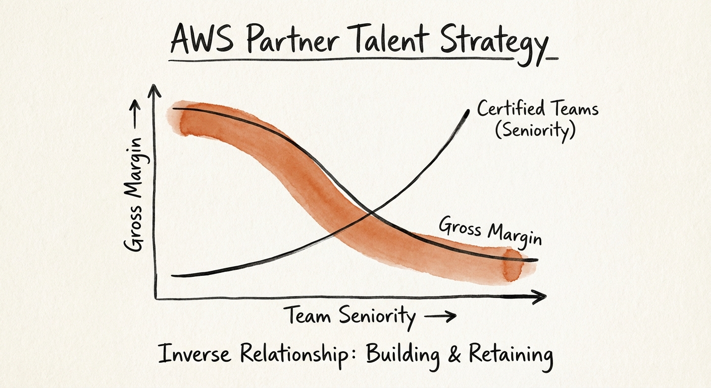 Diagnostic chart showing the inverse relationship between team seniority and gross margin in AWS partner firms.