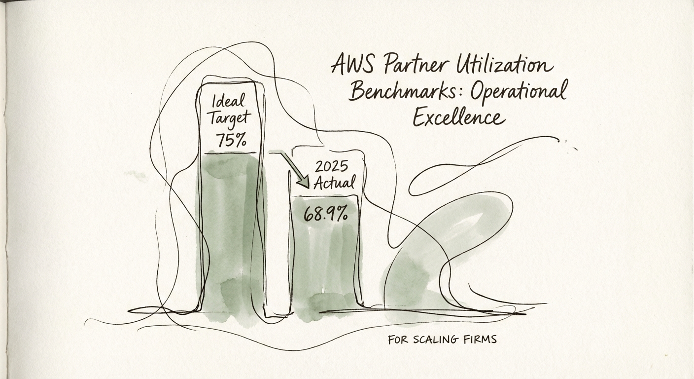Data visualization showing AWS partner utilization benchmarks dropping to 68.9% in 2025 versus the 75% ideal target for scaling firms.