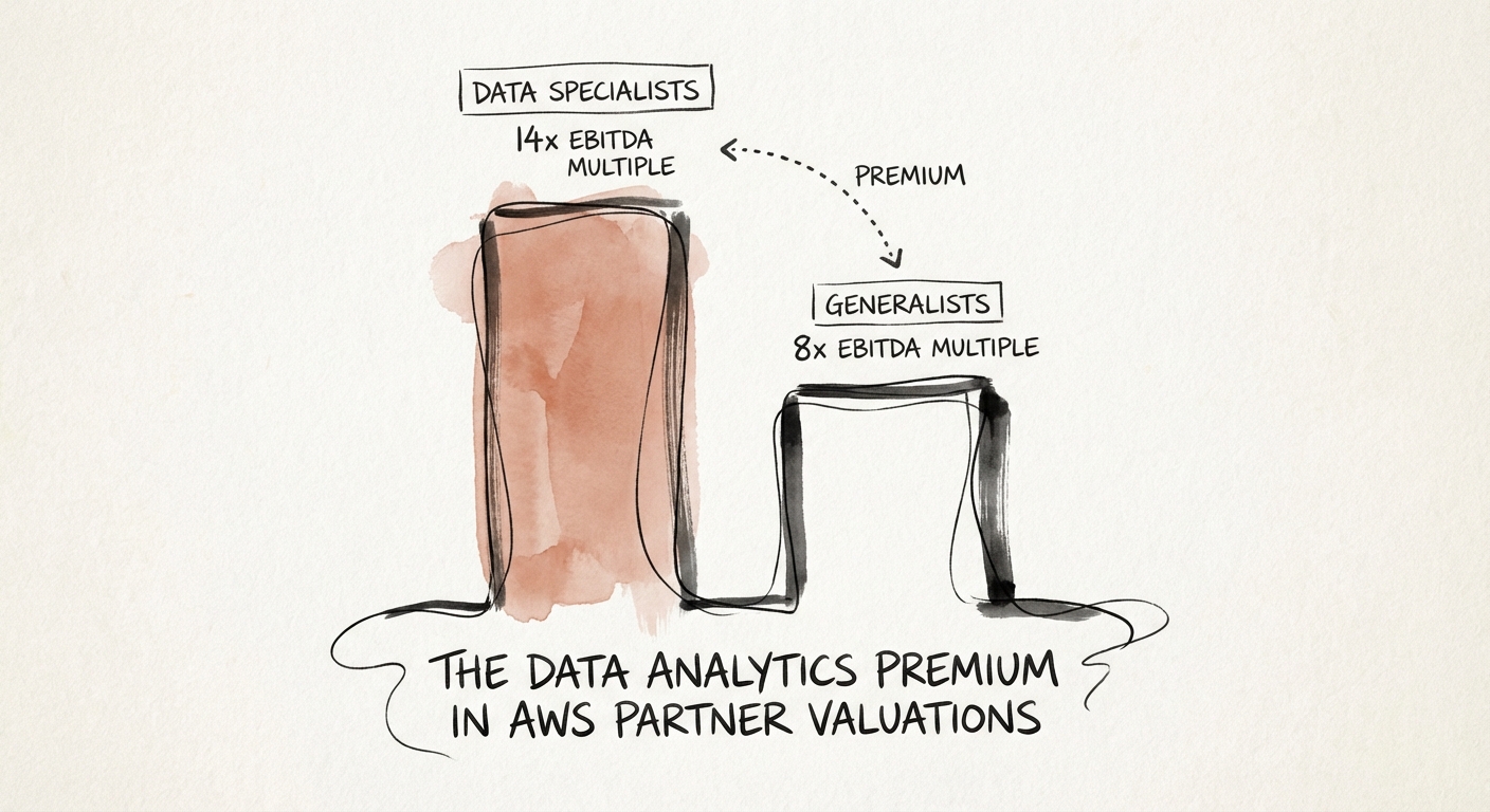 Bar chart comparing AWS Partner EBITDA multiples: Data Specialists at 14x vs Generalists at 8x