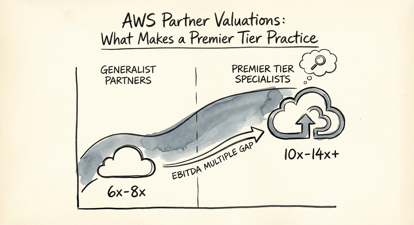Chart showing the EBITDA multiple gap between Generalist AWS Partners and Premier Tier Specialists.