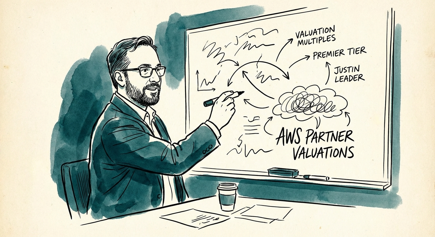 Justin Leader analyzing AWS partner valuation multiples on a whiteboard.