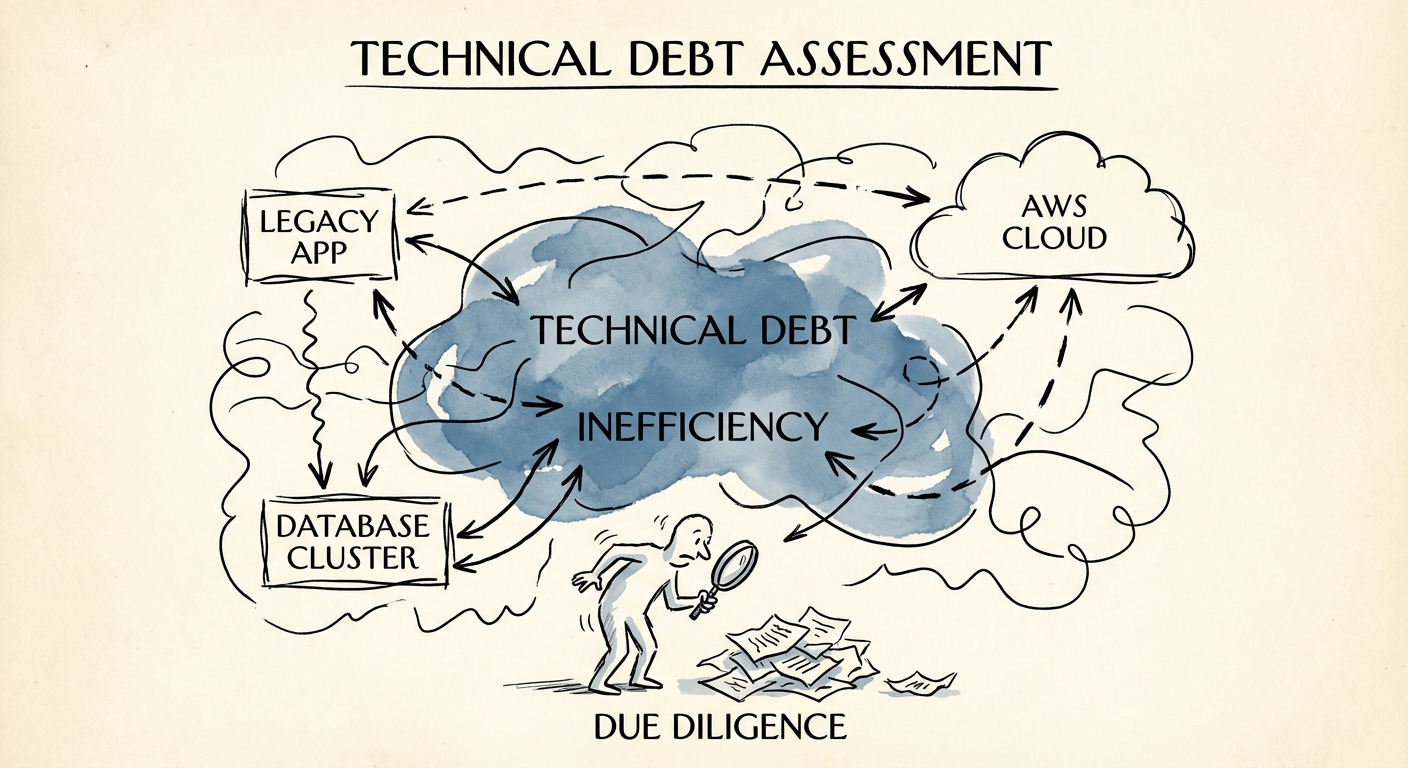 AWS cloud architecture diagram showing technical debt bottlenecks and lift-and-shift inefficiencies