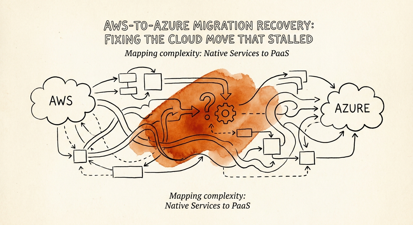 Engineering architecture diagram highlighting the complexity of mapping AWS native services to Azure PaaS.