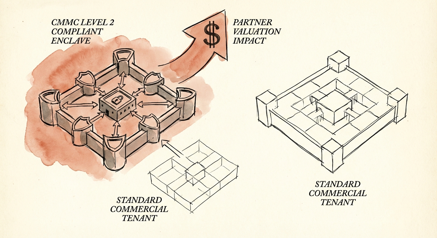 Diagram showing the architecture of a CMMC Level 2 Compliant Enclave vs. a standard Commercial Tenant.