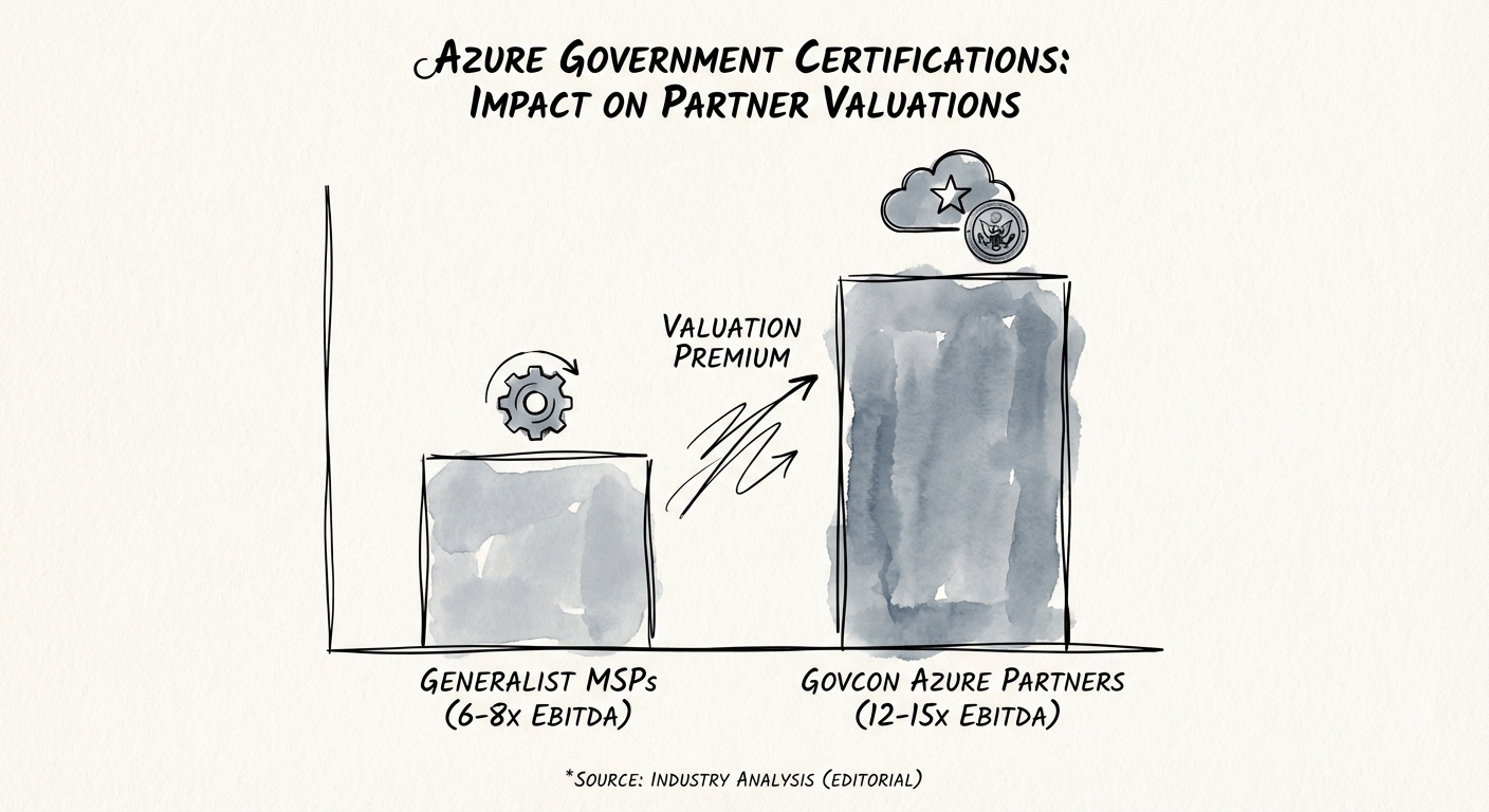 Chart comparing EBITDA valuation multiples of Generalist MSPs (6-8x) vs. GovCon Azure Partners (12-15x).