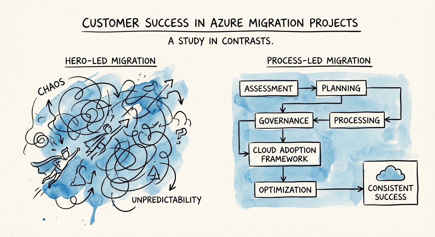A diagram comparing a 'Hero-Led' migration (chaotic lines) vs. a 'Process-Led' migration (structured flowchart).