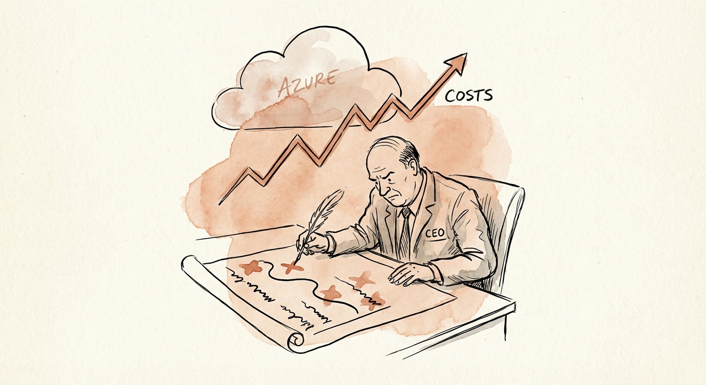 A frustrated CEO reviewing a project timeline marked in red, overlaid with an Azure cloud logo and a rising cost graph.