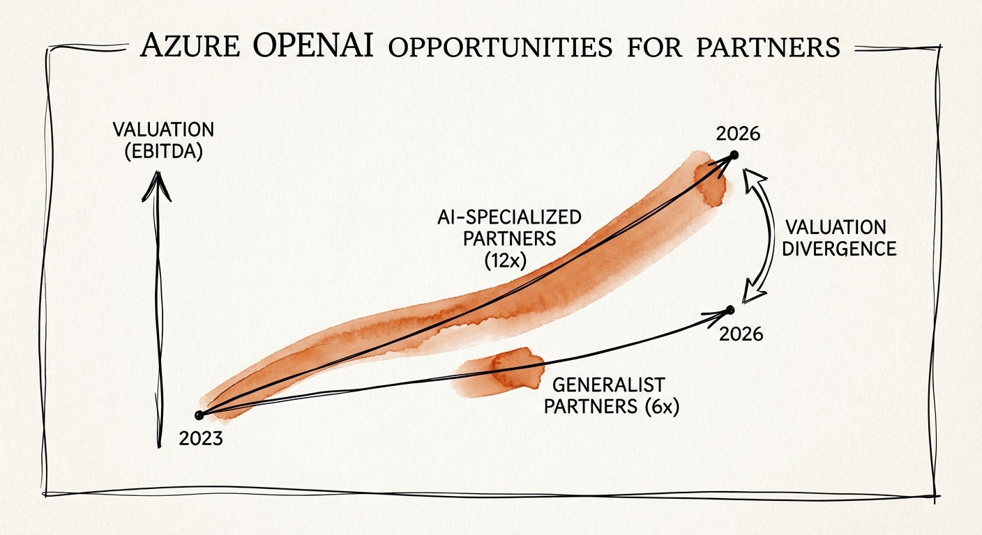 Graph showing the valuation divergence between Generalist Microsoft Partners (6x EBITDA) and AI-Specialized Partners (12x EBITDA) in 2026.
