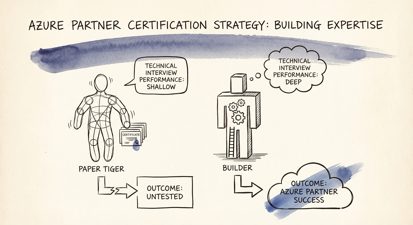 A diagram comparing the 'Paper Tiger' candidate profile versus a true 'Builder' profile based on technical interview performance.