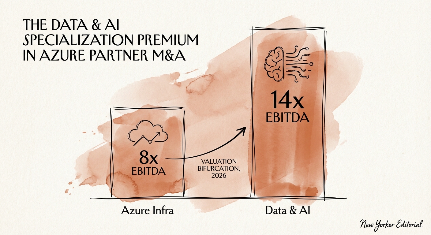 Chart showing the valuation bifurcation between Azure Infrastructure partners trading at 8x EBITDA and Data & AI partners trading at 14x EBITDA in 2026.
