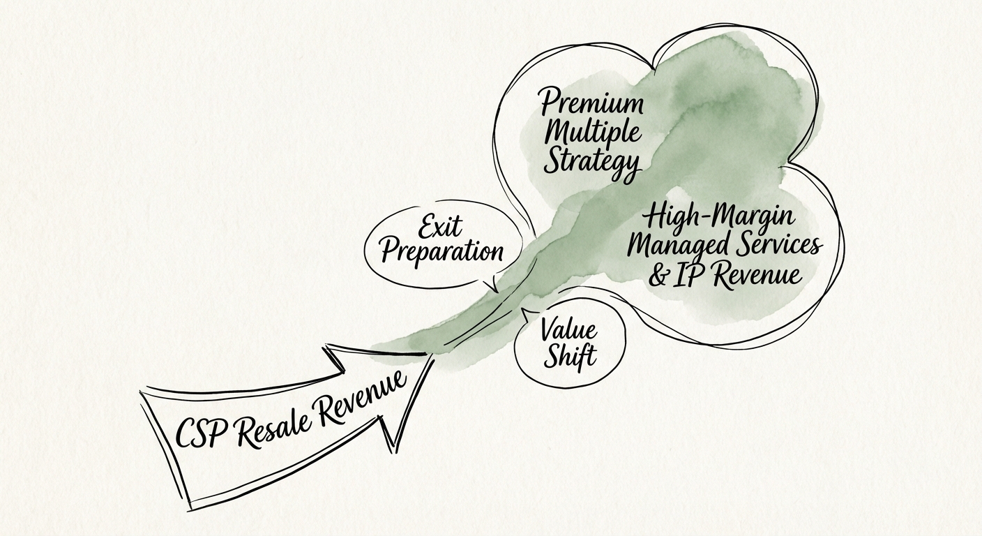 Diagram illustrating the shift from CSP Resale revenue to High-Margin Managed Services and IP revenue
