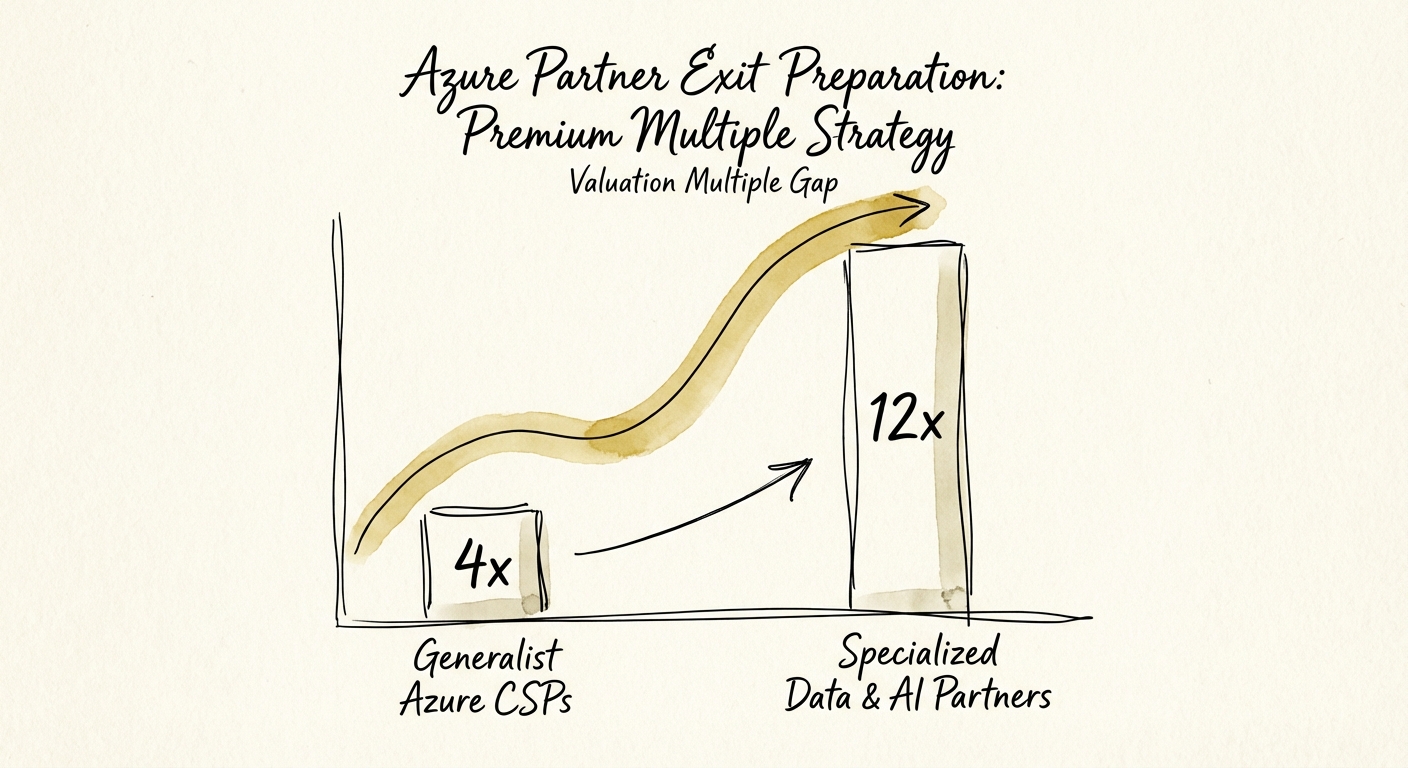 Chart showing valuation multiple gap between Generalist Azure CSPs (4x) and Specialized Data & AI Partners (12x)