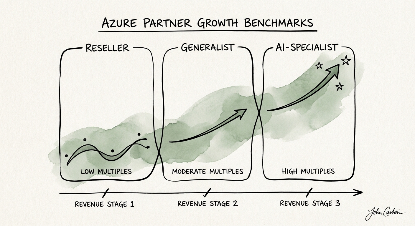 Chart comparing valuation multiples for Reseller, Generalist, and AI-Specialist Azure partners