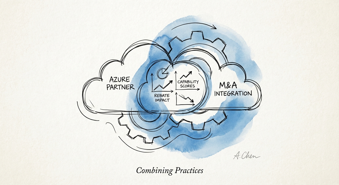 Azure Partner M&A Integration Dashboard showing Partner Capability Scores and Rebate Impact