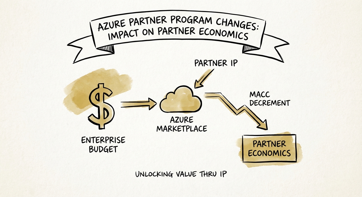 Diagram illustrating the flow of MACC decrement and how partner IP unlocks enterprise budget via Azure Marketplace.
