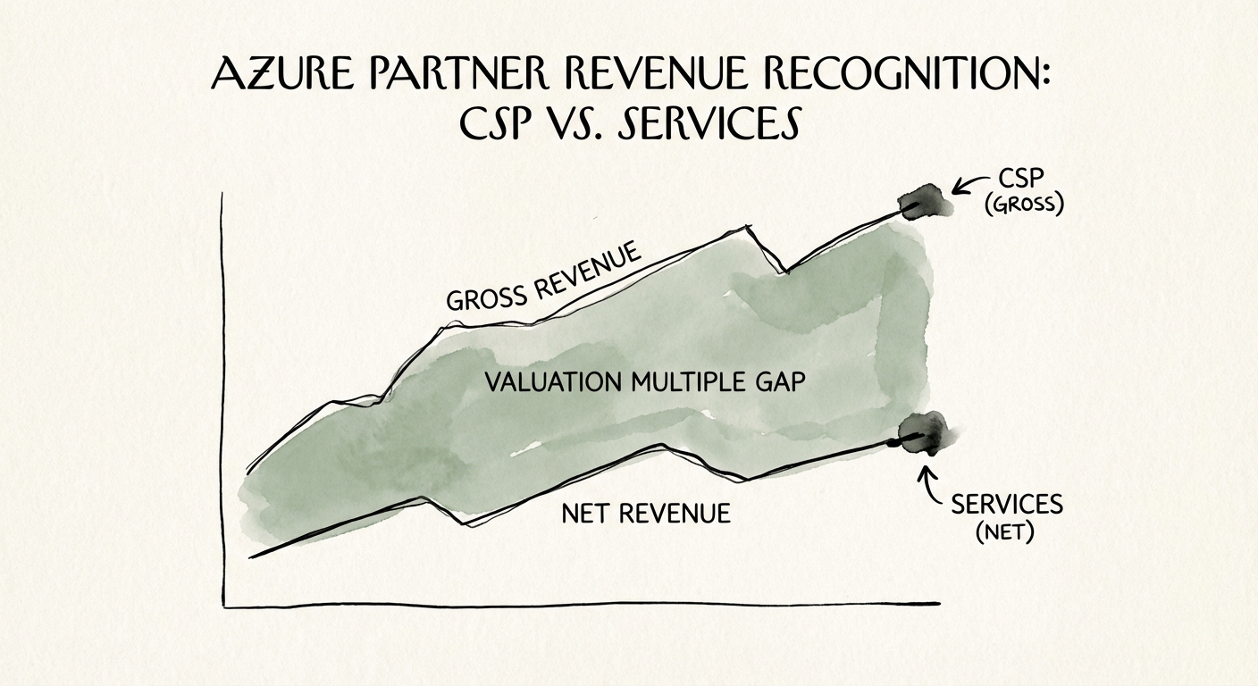 Graph showing the valuation multiple gap between Gross Revenue recognition and Net Revenue recognition for Azure Partners