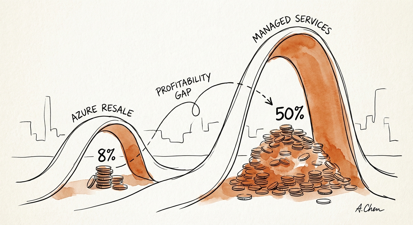 Graph comparing Azure resale margins of 8% versus Managed Services margins of 50%, highlighting the profitability gap.