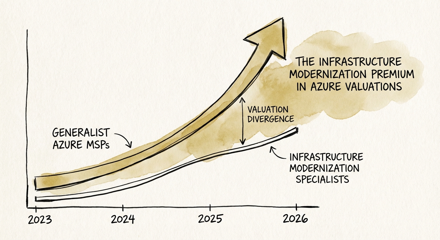 Graph showing the valuation divergence between Generalist Azure MSPs and Infrastructure Modernization Specialists from 2023 to 2026.