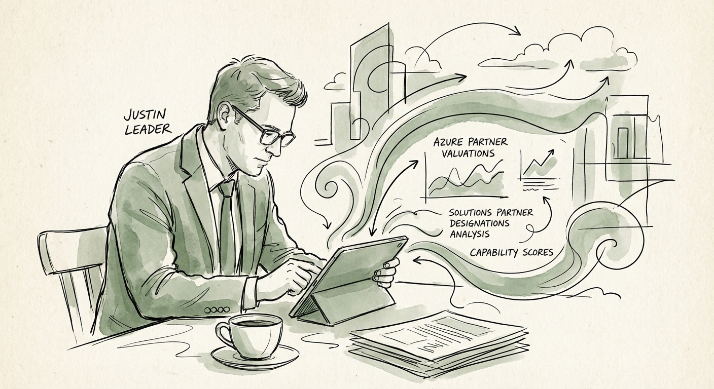 Justin Leader analyzing Azure Partner Capability Scores on a tablet