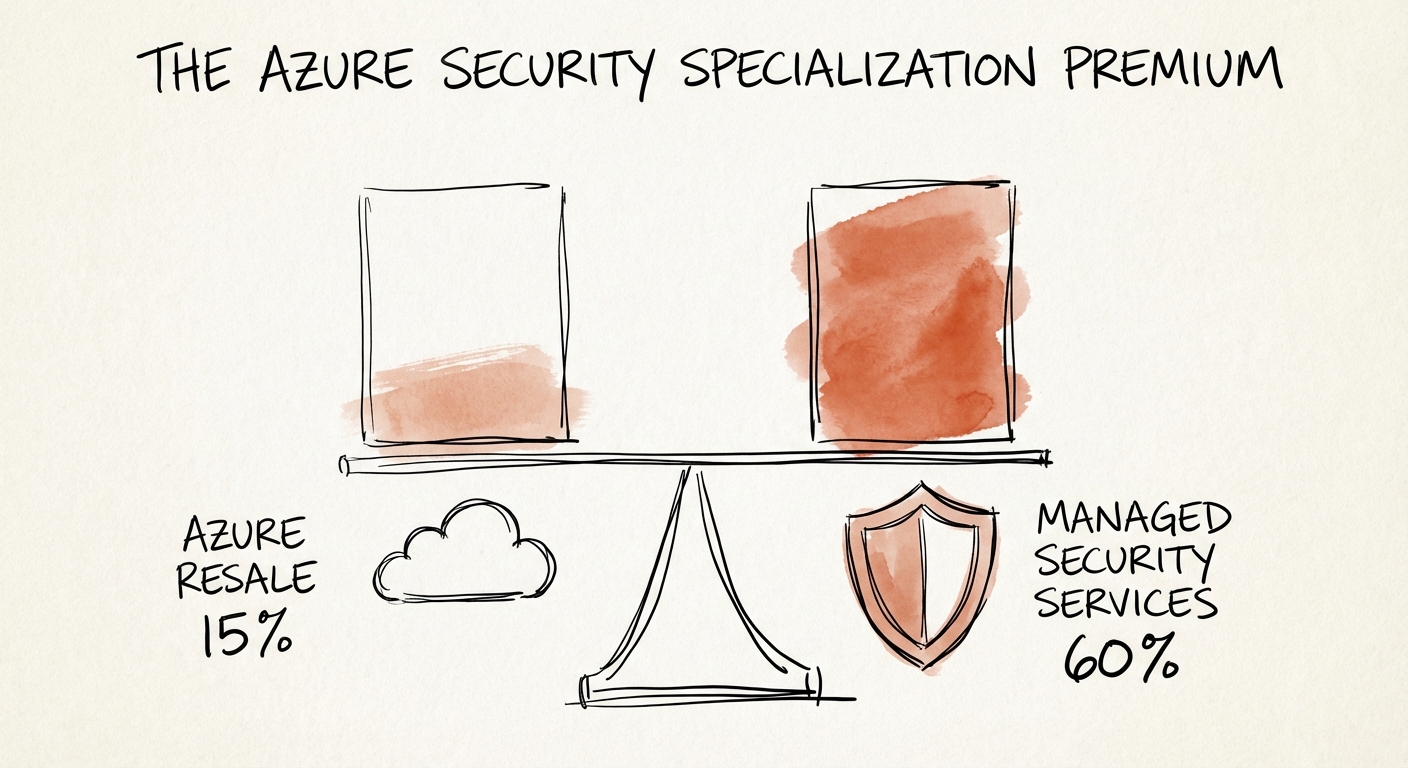 Comparison table of Gross Margins: Azure Resale (15%) vs. Managed Security Services (60%).