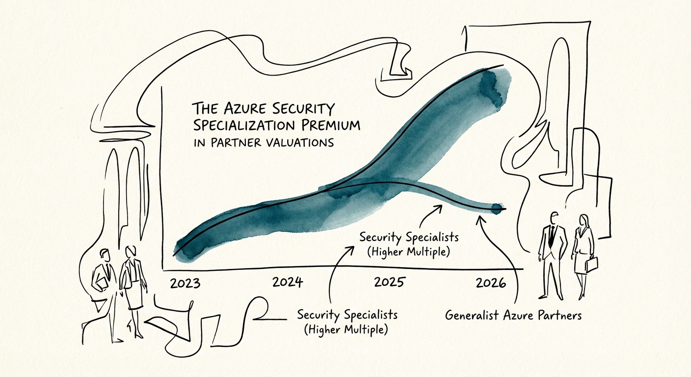 Graph showing valuation multiple divergence between Generalist Azure Partners and Security Specialists from 2023 to 2026.