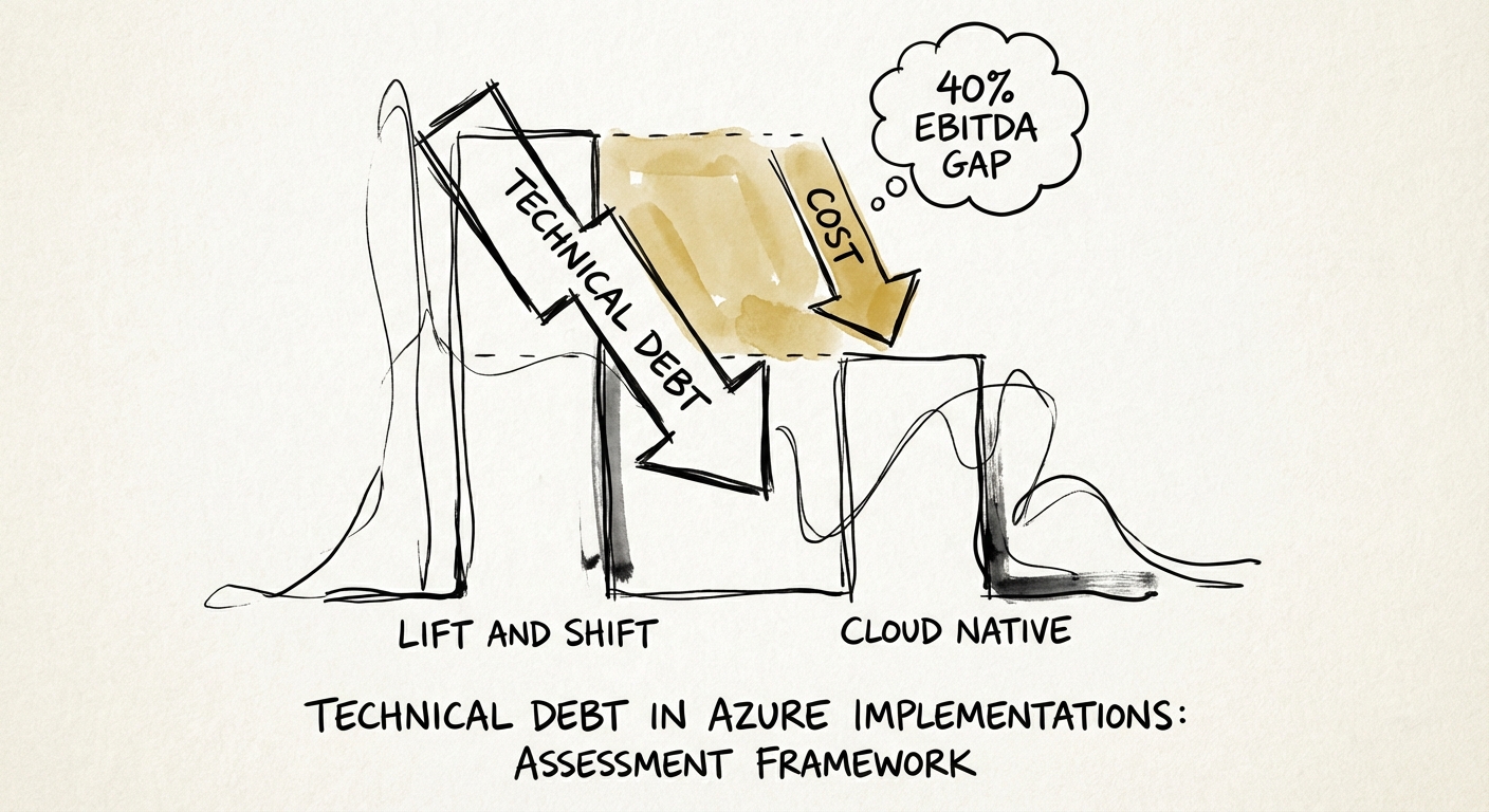 Chart comparing the cost of 'Lift and Shift' migration versus 'Cloud Native' optimization, highlighting a 40% EBITDA gap.