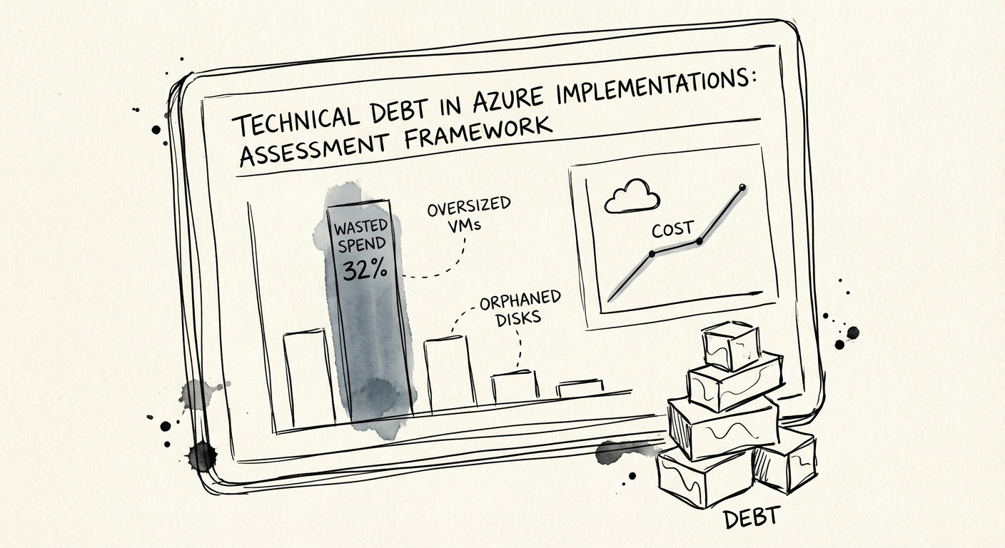 A dashboard displaying Azure cost analysis showing 32% wasted spend due to oversized virtual machines and orphaned disks.