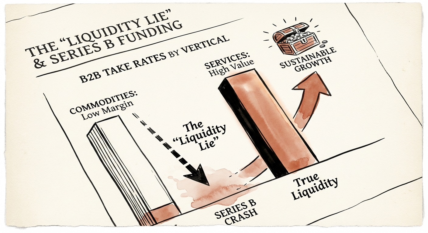 Chart comparing B2B Take Rates by Vertical: Commodities vs Services
