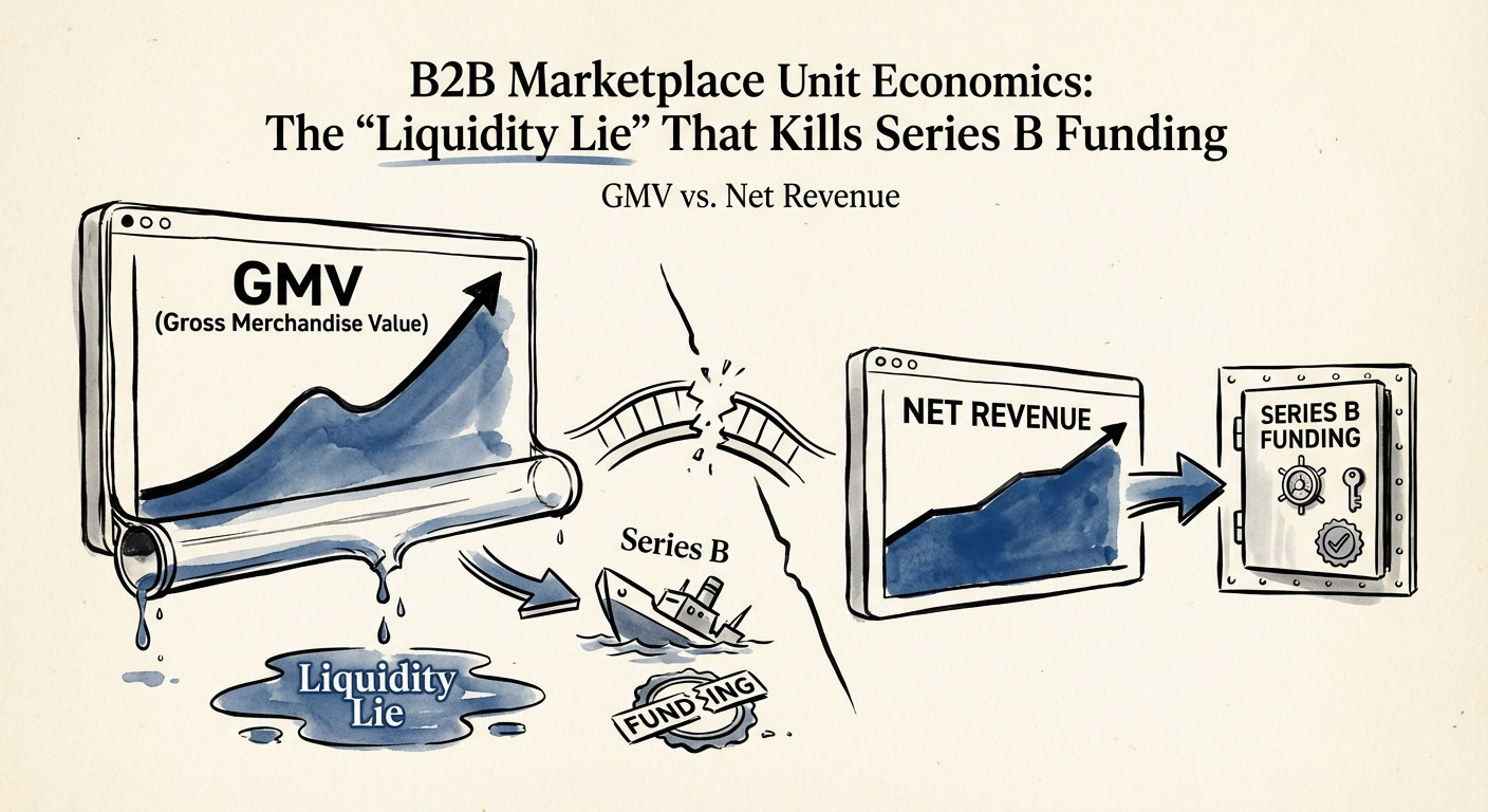 B2B Marketplace Unit Economics Dashboard showing GMV vs Net Revenue