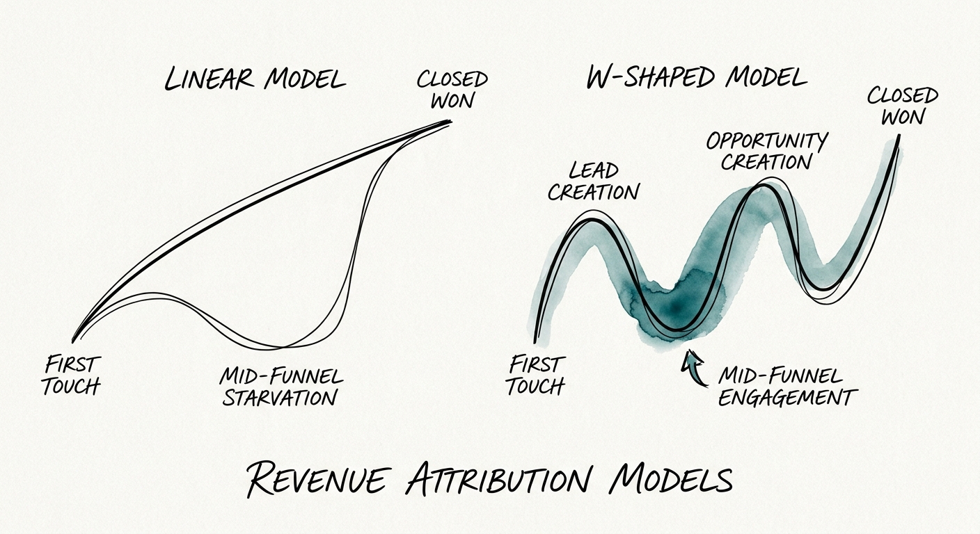 Comparison graph of linear vs W-shaped attribution models demonstrating the mid-funnel starvation problem in enterprise sales.