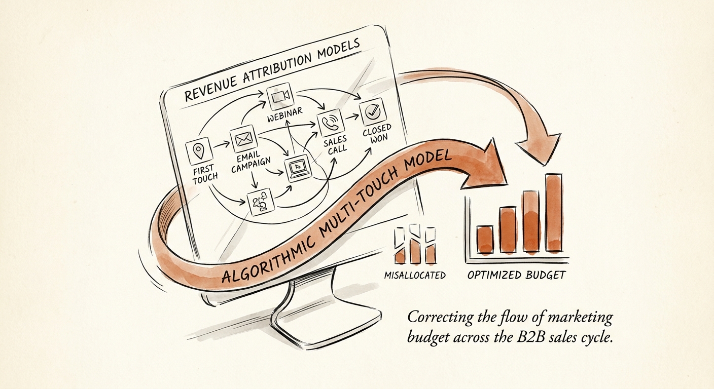 Dashboard showing an algorithmic multi-touch attribution model correcting misallocated marketing budget across the B2B sales cycle.