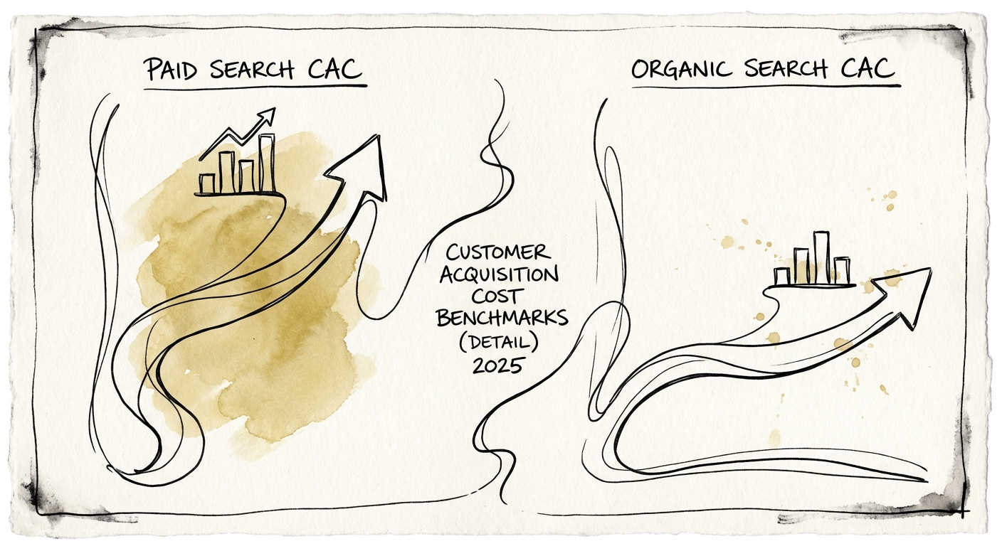 Comparison chart of Paid Search CAC vs Organic Search CAC in B2B SaaS