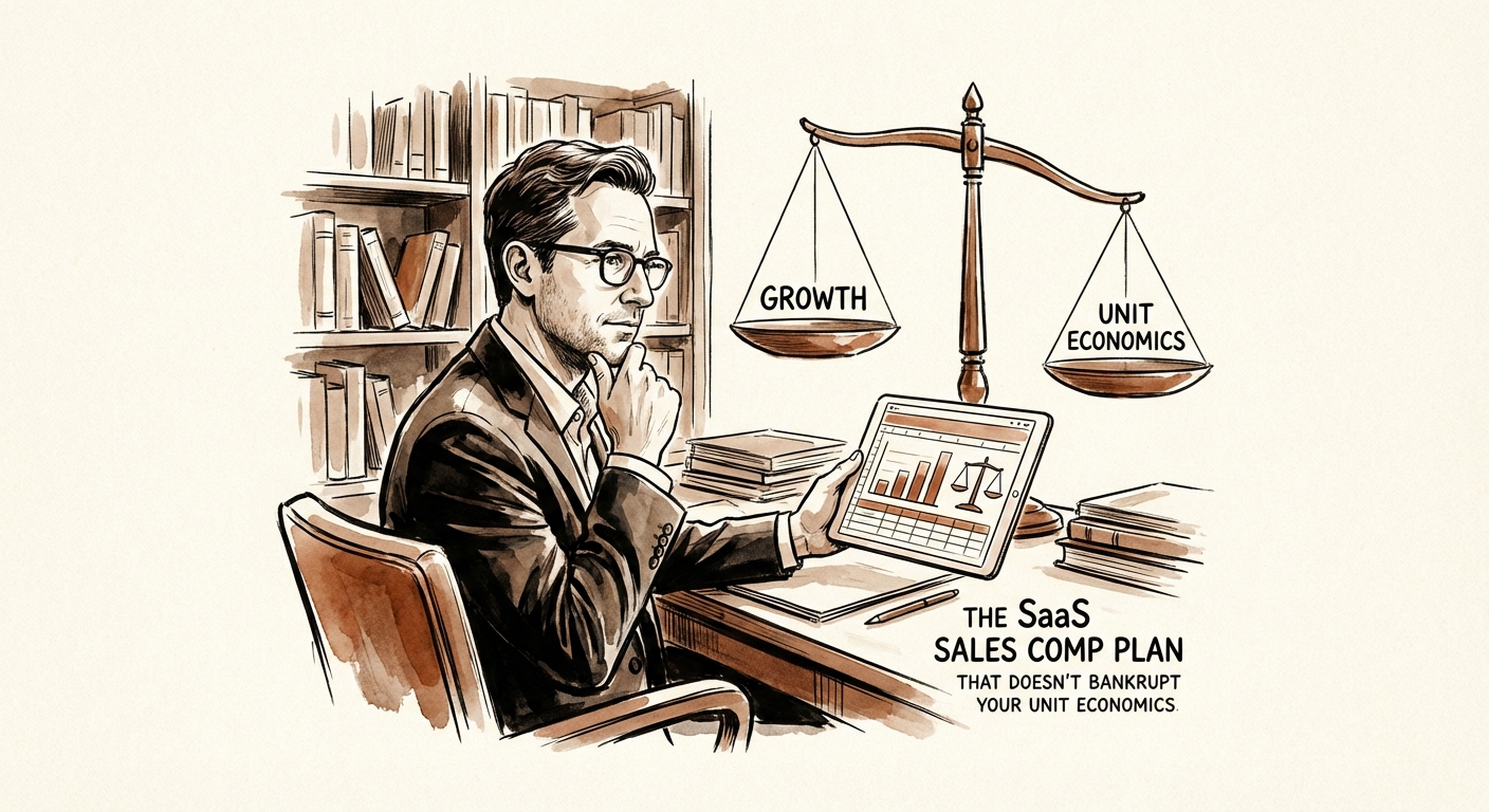 Justin Leader analyzing a SaaS sales compensation spreadsheet on a tablet