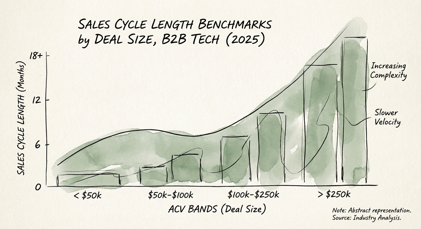 Graph showing increasing sales cycle lengths by ACV band for B2B tech companies in 2025