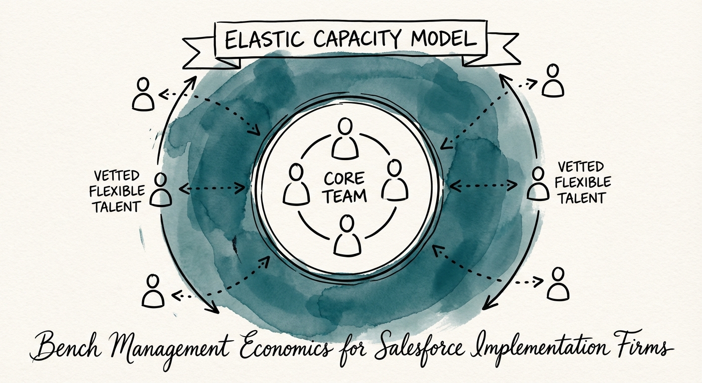 Diagram of an 'Elastic Capacity Model' showing a core team of full-time employees surrounded by a layer of vetted flexible talent.