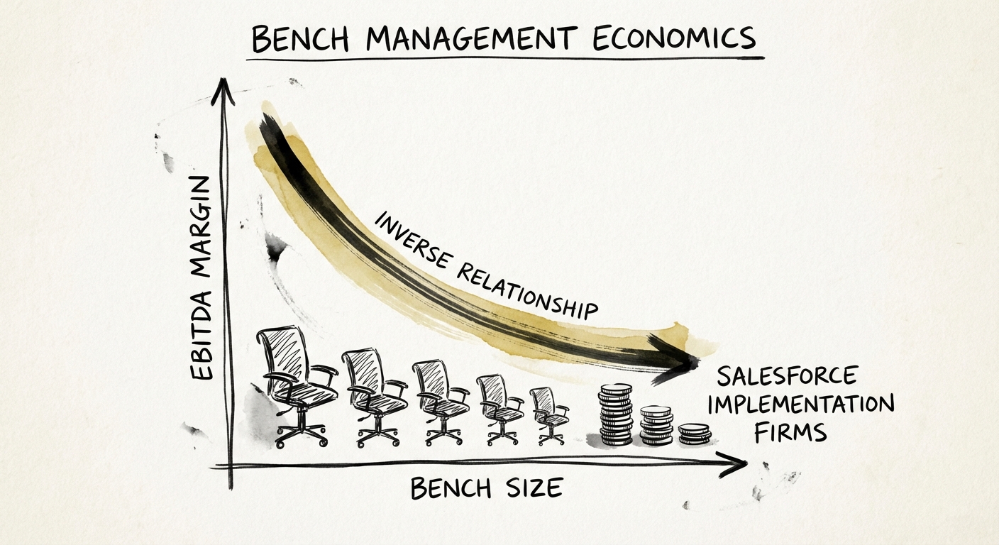 Chart showing the inverse relationship between bench size and EBITDA margin in Salesforce implementation firms.