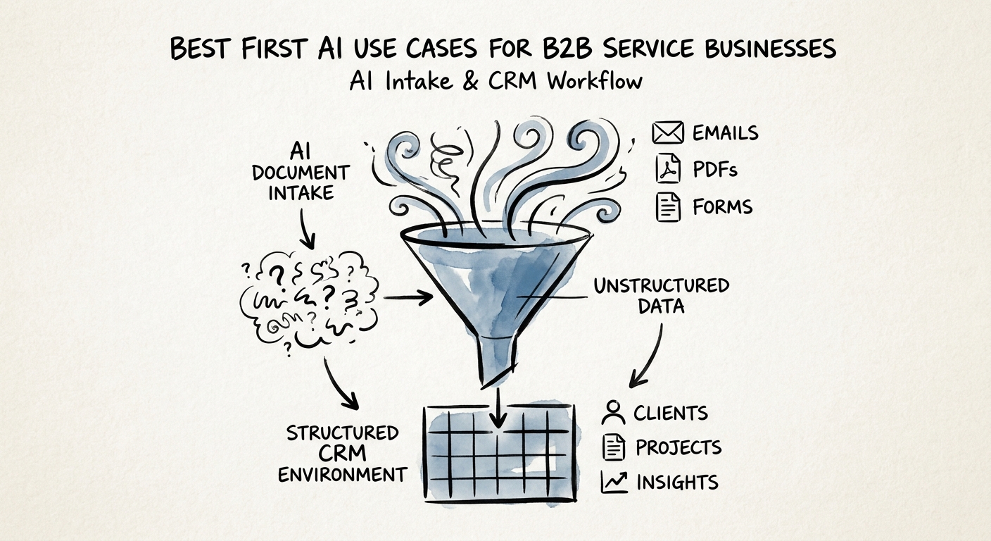 B2B service AI workflow map showing intake, proposal support, meeting follow-up, account research, reporting, and review.