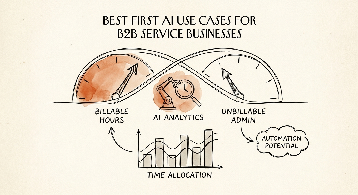 B2B service team reviewing AI use cases for document intake, proposal support, meeting follow-up, account research, and reporting.