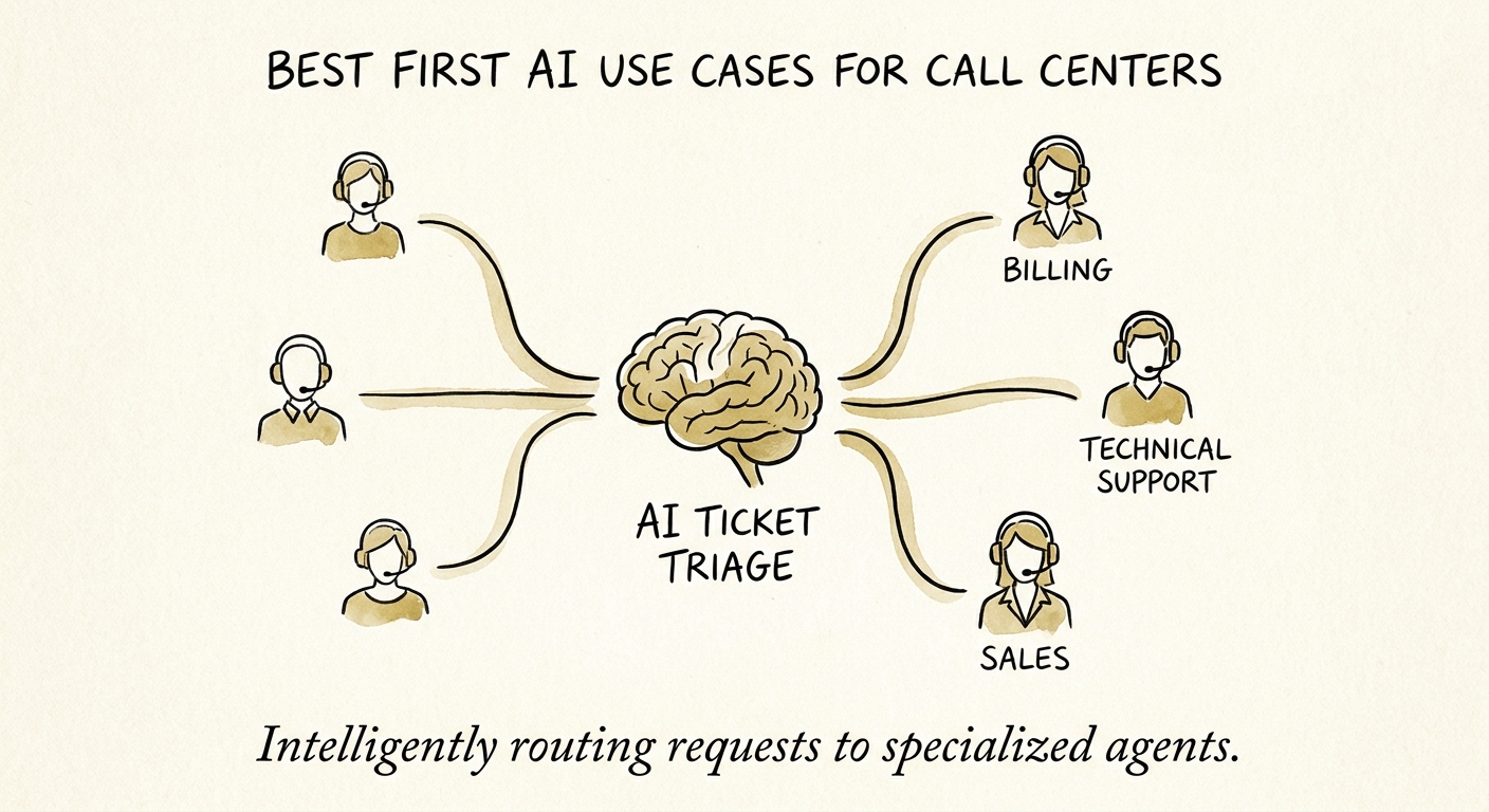 Call center AI workflow map showing triage, knowledge retrieval, note drafting, quality review, and human approval.