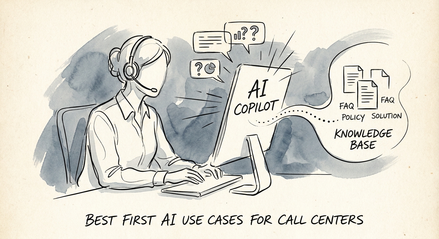 Call center team reviewing AI triage, agent assist, after-call notes, and quality review workflows.