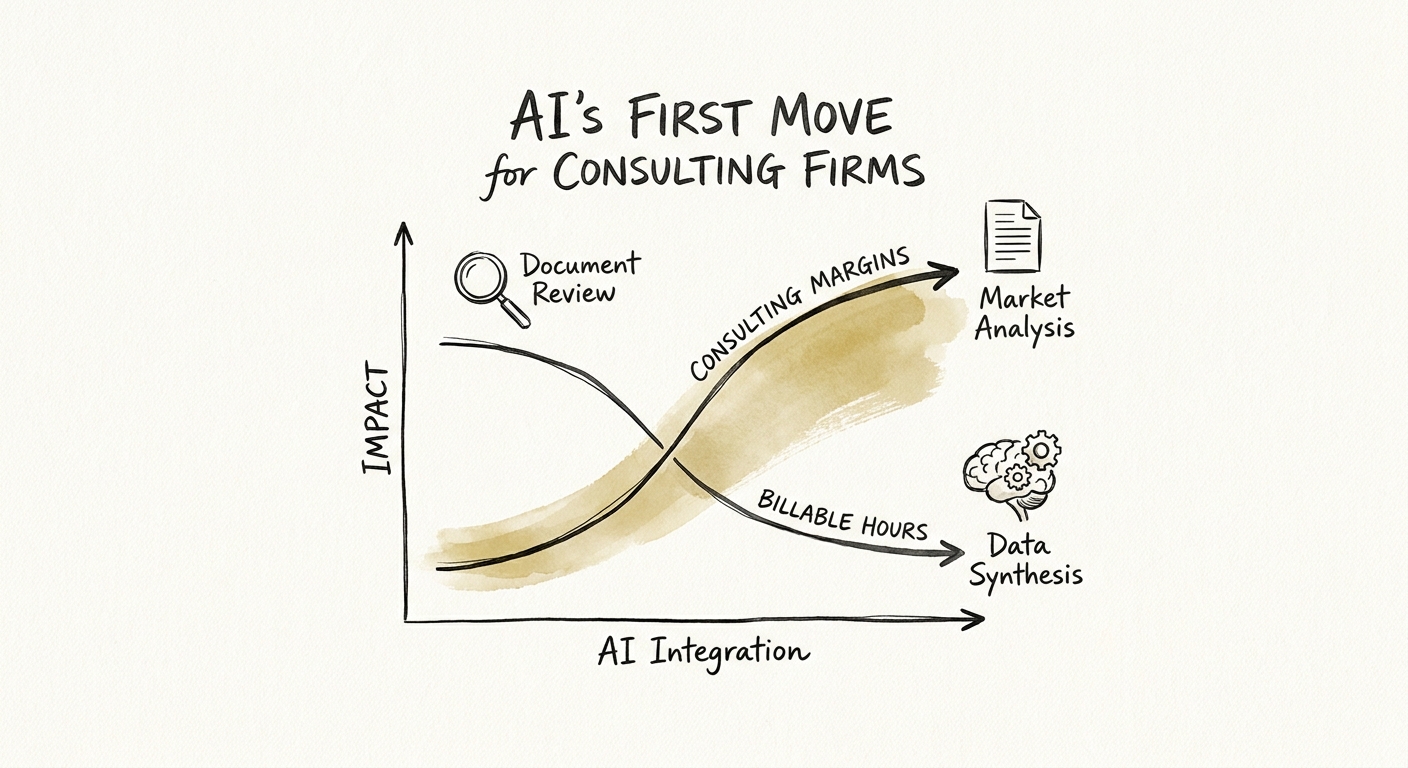Consulting AI workflow map connecting proposal support, document intake, knowledge retrieval, meeting follow-up, reporting, and review.