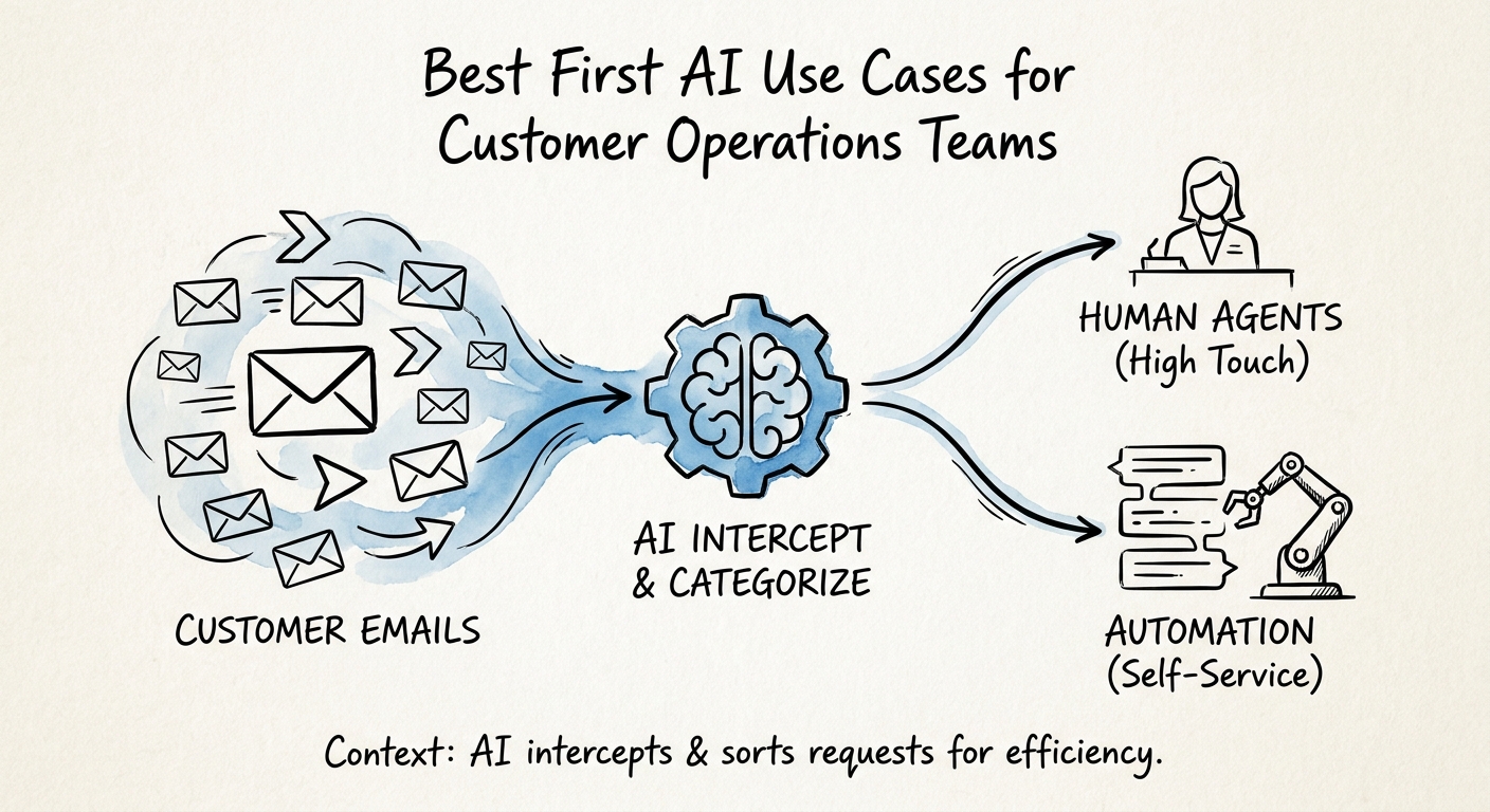 Workflow map showing sources, review rules, and value measures for first AI use cases.