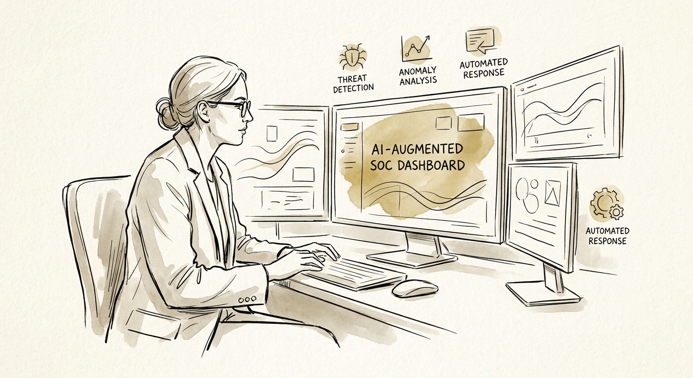 Cybersecurity services team reviewing AI-assisted alert context and client reporting workflows.