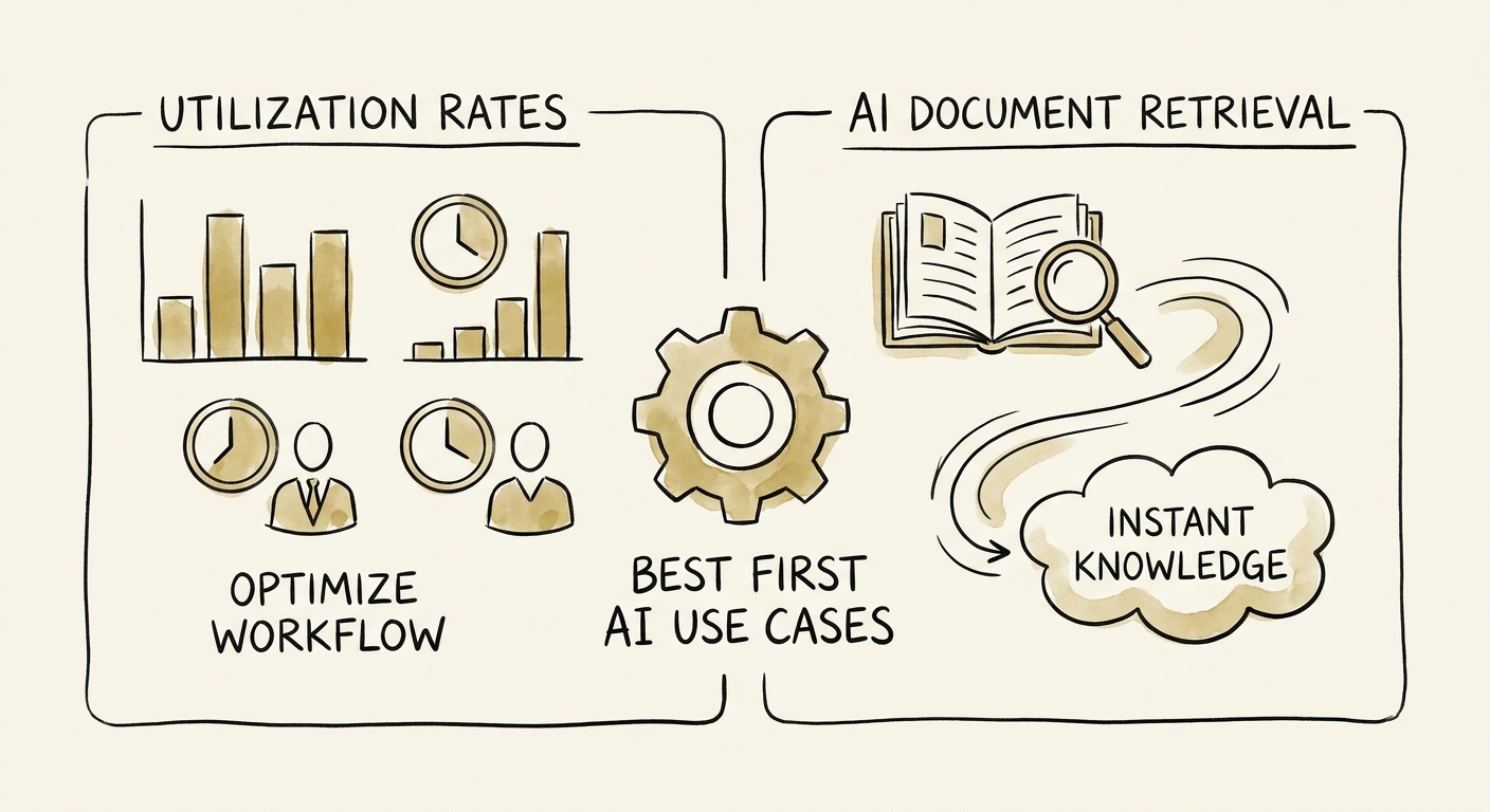 Engineering services AI use-case map showing knowledge retrieval, project status, proposal support, and QA review.