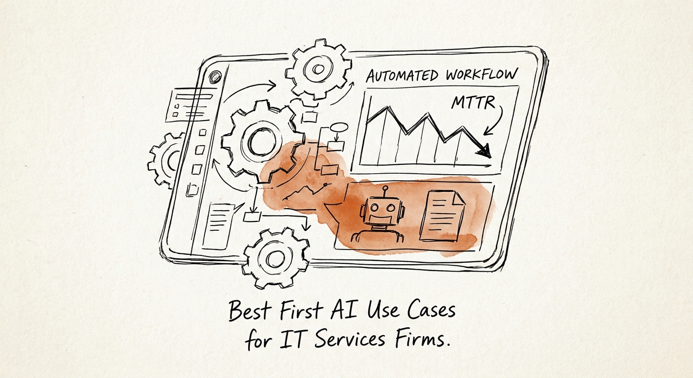 IT services AI workflow map for tickets, vendor updates, knowledge search, and project reporting.