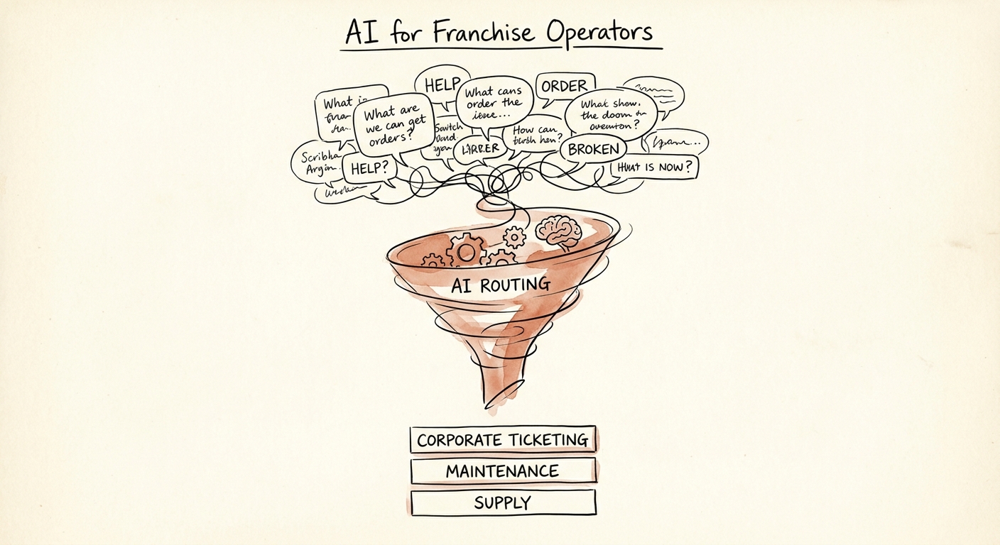 Franchise operator workflow showing playbook update, inspection finding, franchisee question, field-ops review, and approved operating guidance.