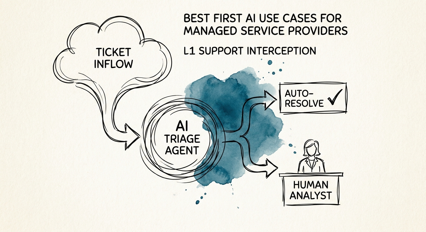 MSP AI workflow map showing alert triage, ticket summary, knowledge retrieval, customer reporting, escalation prep, and engineer review.